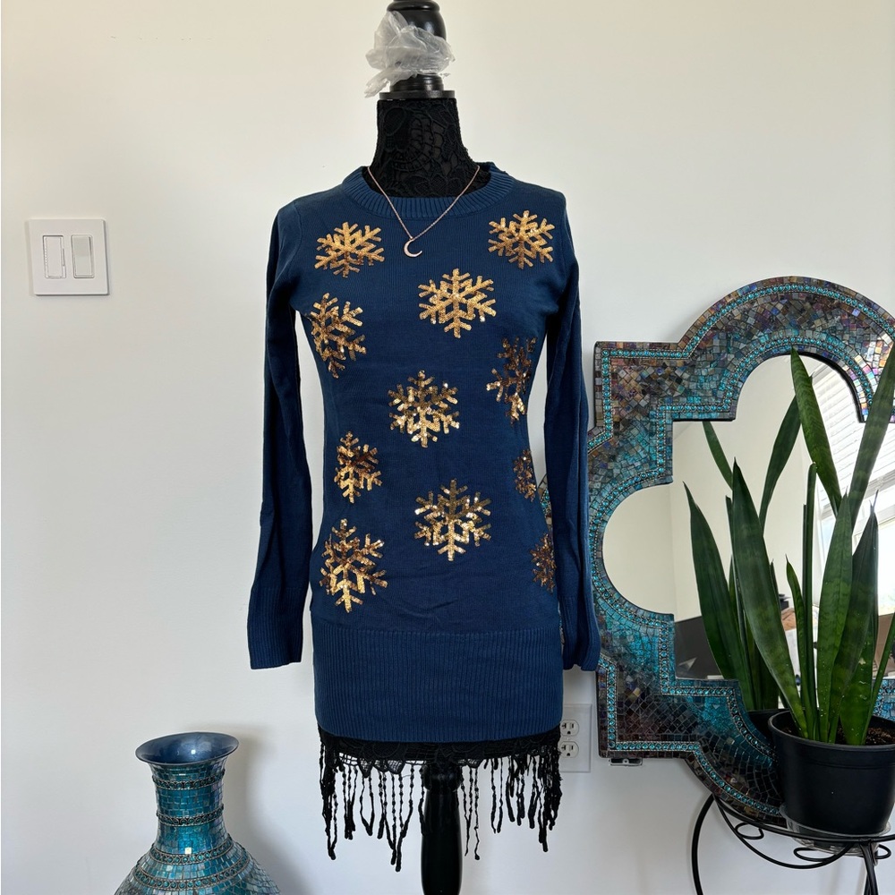 Tipsy Elves Women's Sequined Snowflake Christmas Navy and Gold Sweater Dress